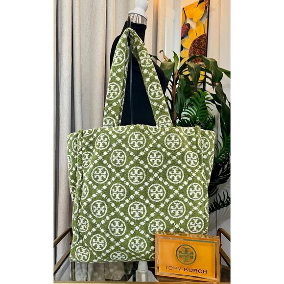 Tory Burch Monorgram Green and White Terry Shopper Bag